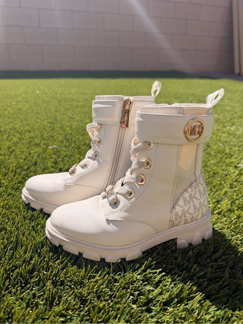Michael Kors Cream/White MK Logo Lace-Up Combat Boots